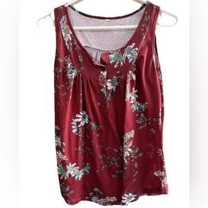 Vibrant Red Floral Tank Top with Ruched Neckline
